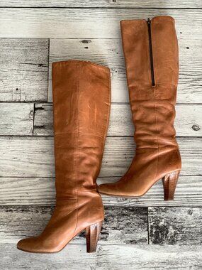 Miz Mooz Boots 8 Cognac Distressed Leather Tall Riding Knee High Heel Zip Boho